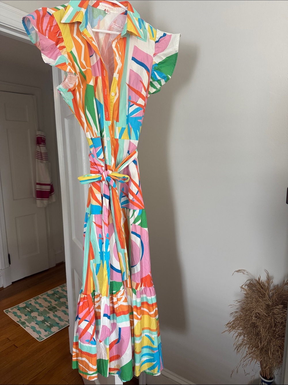 Flying Tomato Multicolor Abstract Button-Up Dress in Orange, Teal, Pink